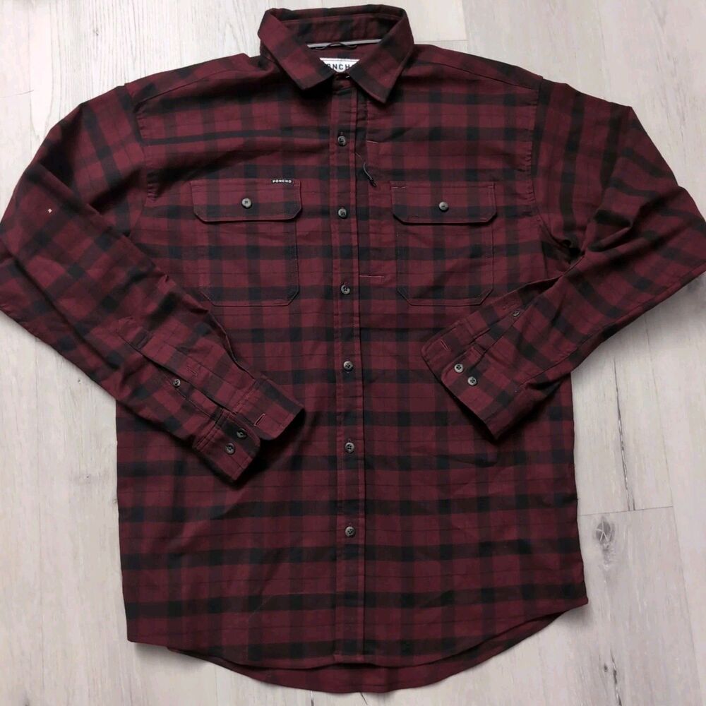 Poncho "The Buffalo" Flannel Mens Medium Red Plaid Long Sleeve Magnetic Pockets